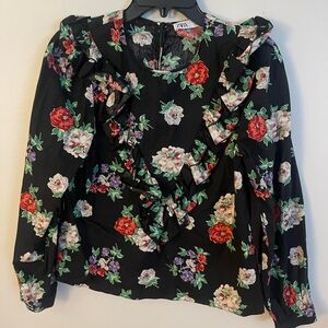 Zara Black Floral Ruffle Blouse